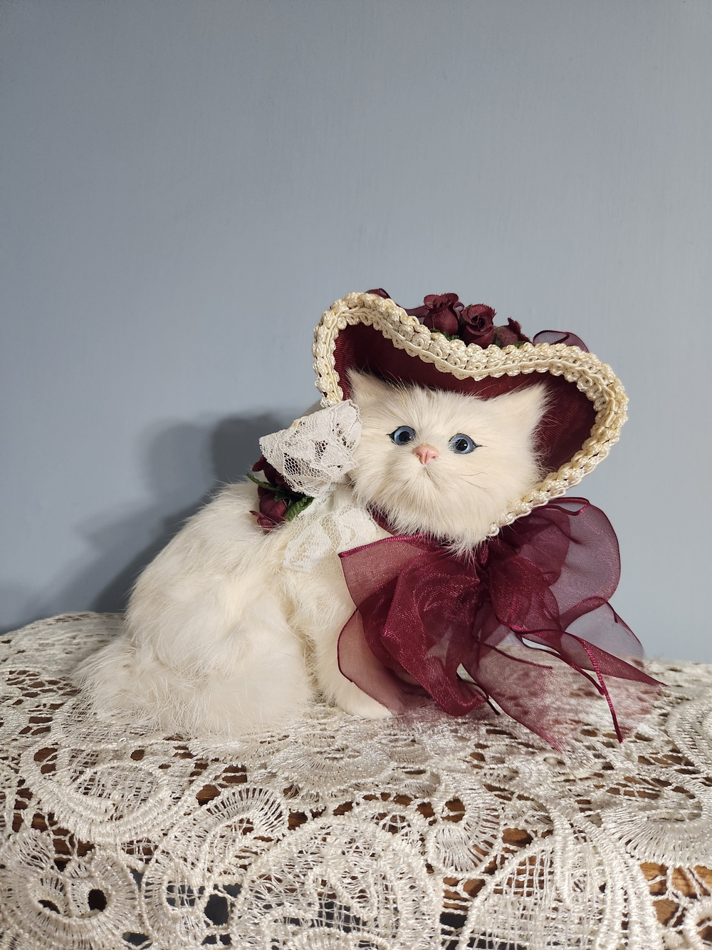 Vintage Made From Rabbit Fur Fancy Cat Figure Burgundy Floral Heart Hat Bow Lace